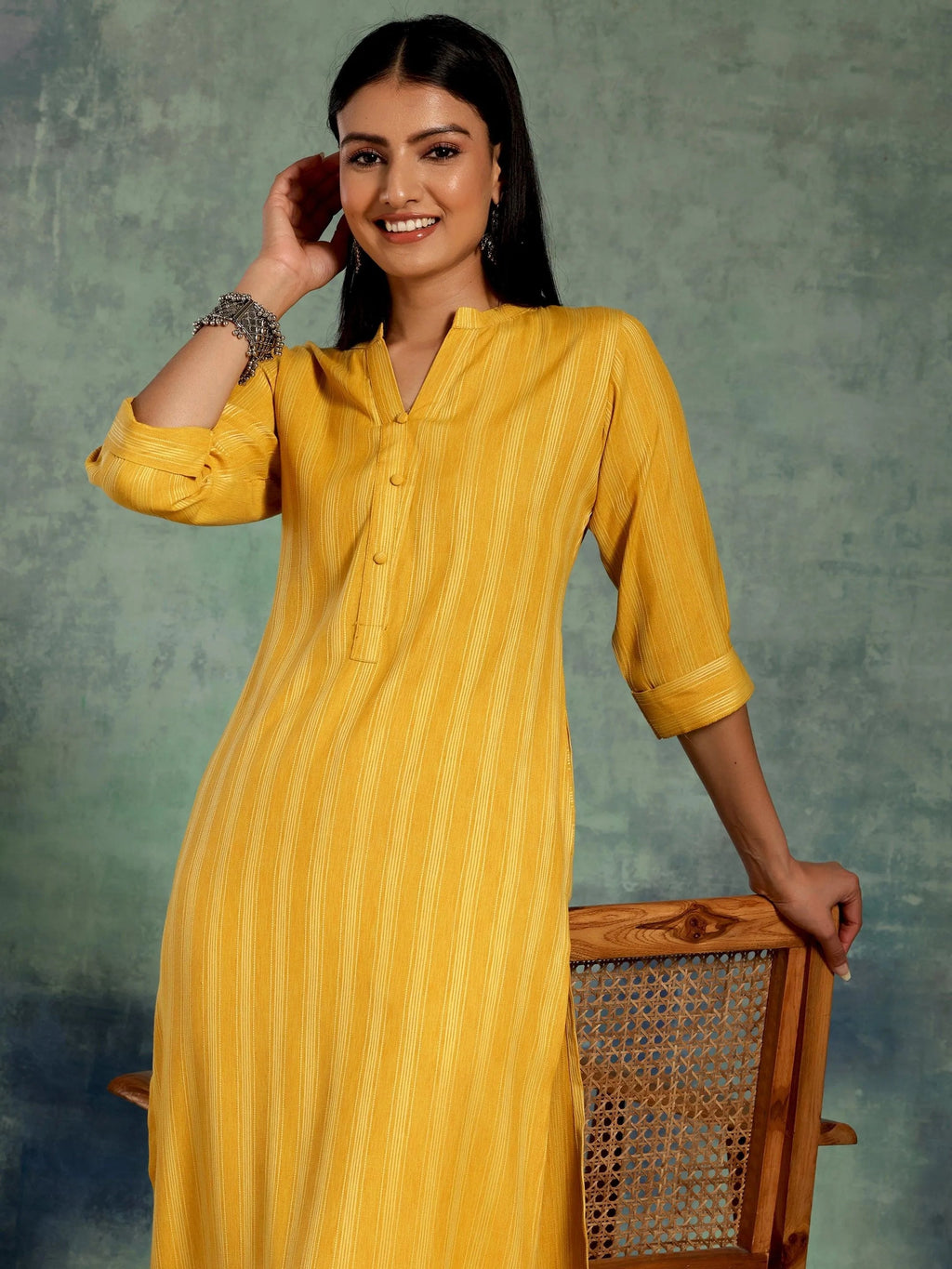 Gerua Yellow Woven Design Rayon Straight Kurta