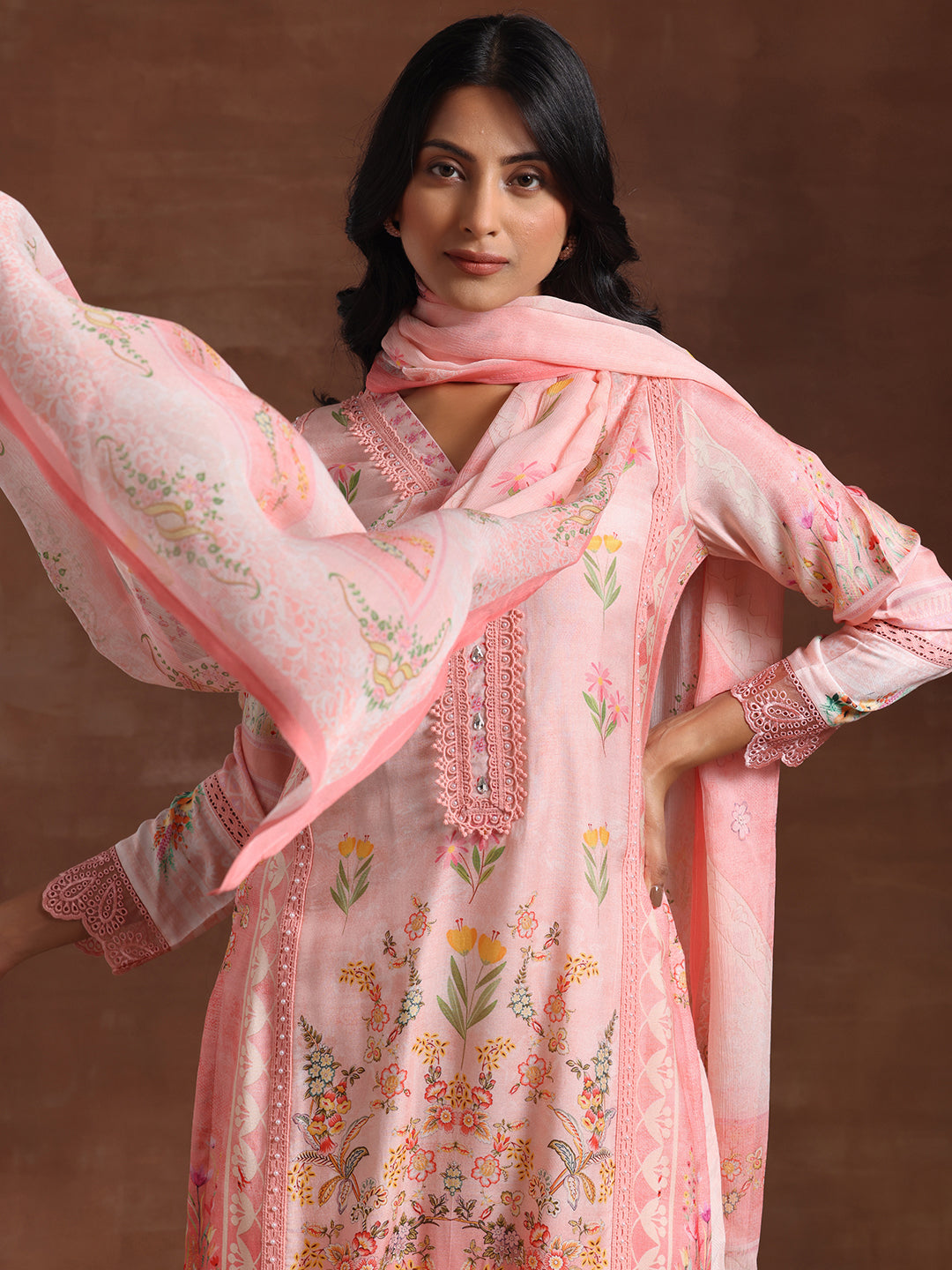 Libas Pink Printed Silk Blend Straight Suit With Dupatta
