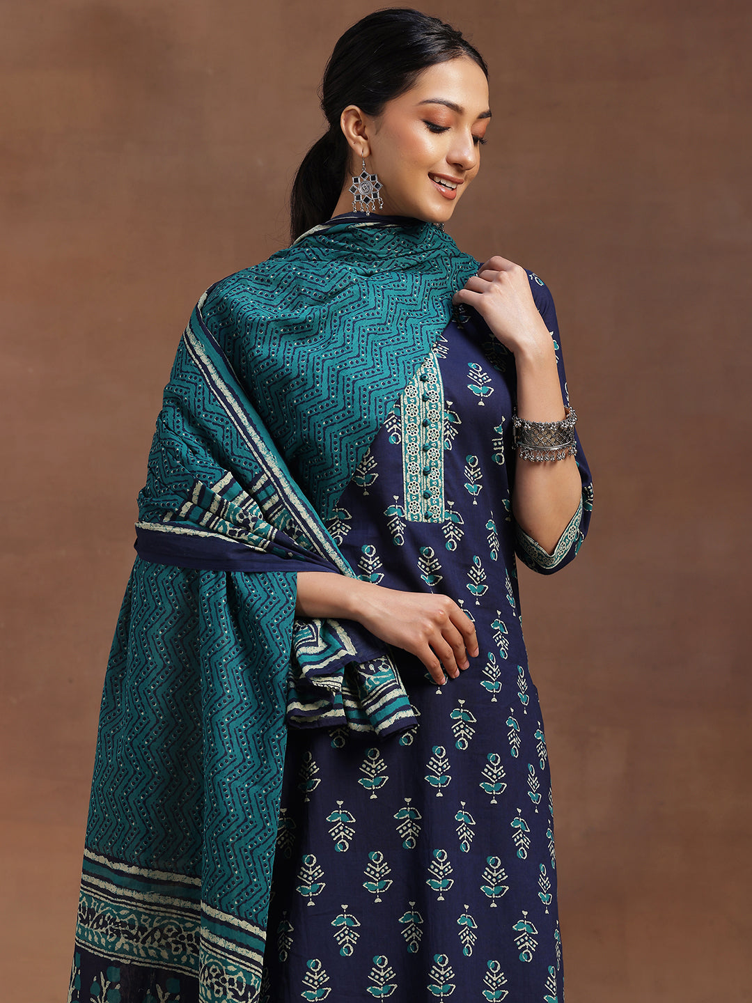 Libas Blue Printed Cotton Straight Suit With Dupatta