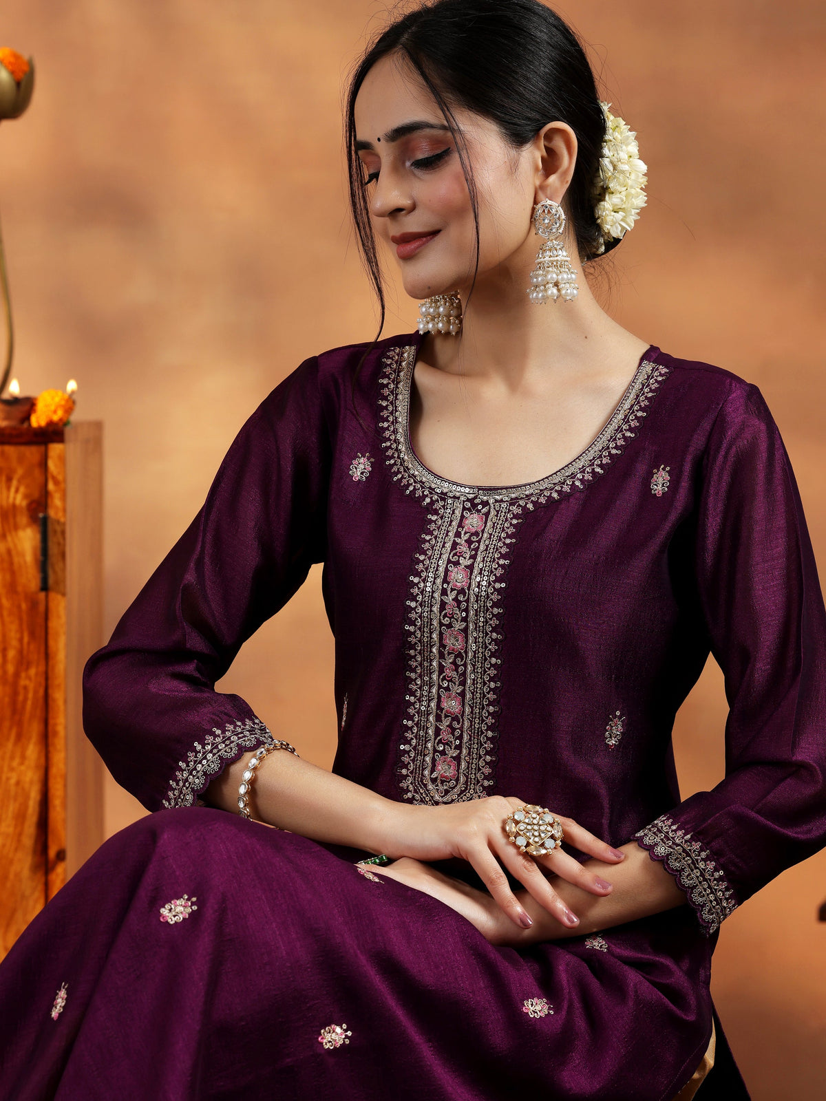 Libas Burgundy Embroidered Silk Straight Kurta