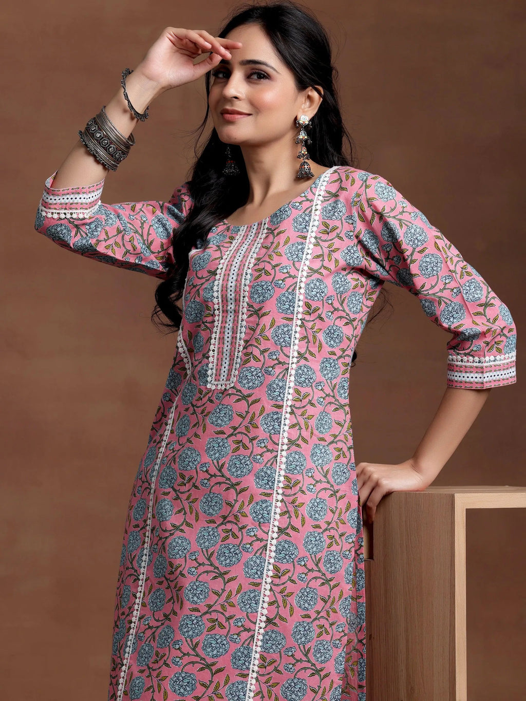 Libas Pink Printed Cotton Straight Kurta