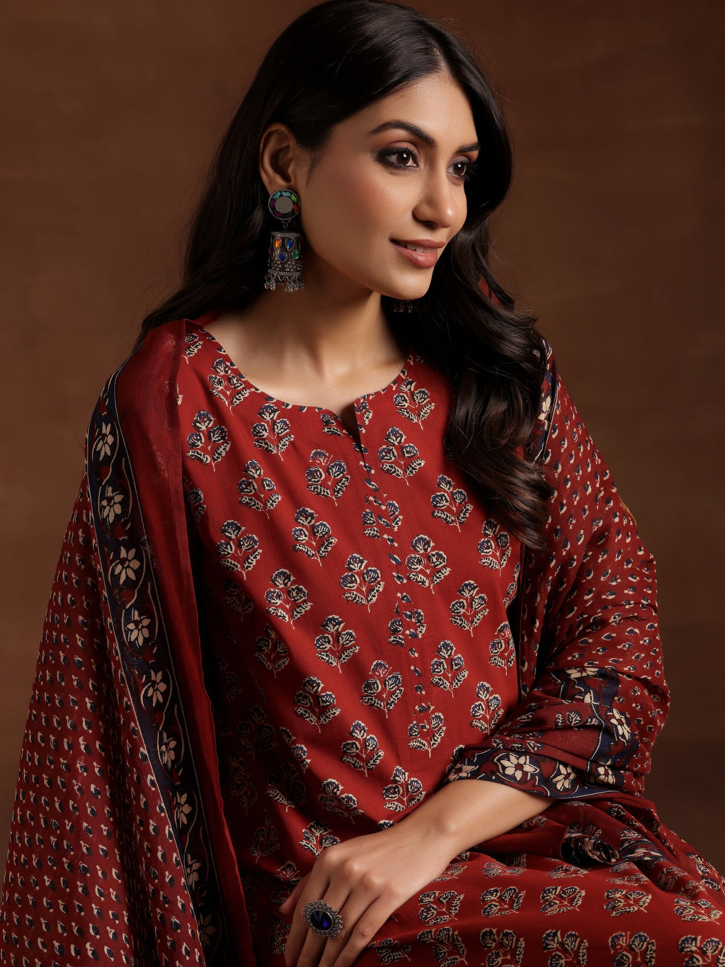Libas Rust Printed Cotton Straight Suit With Dupatta