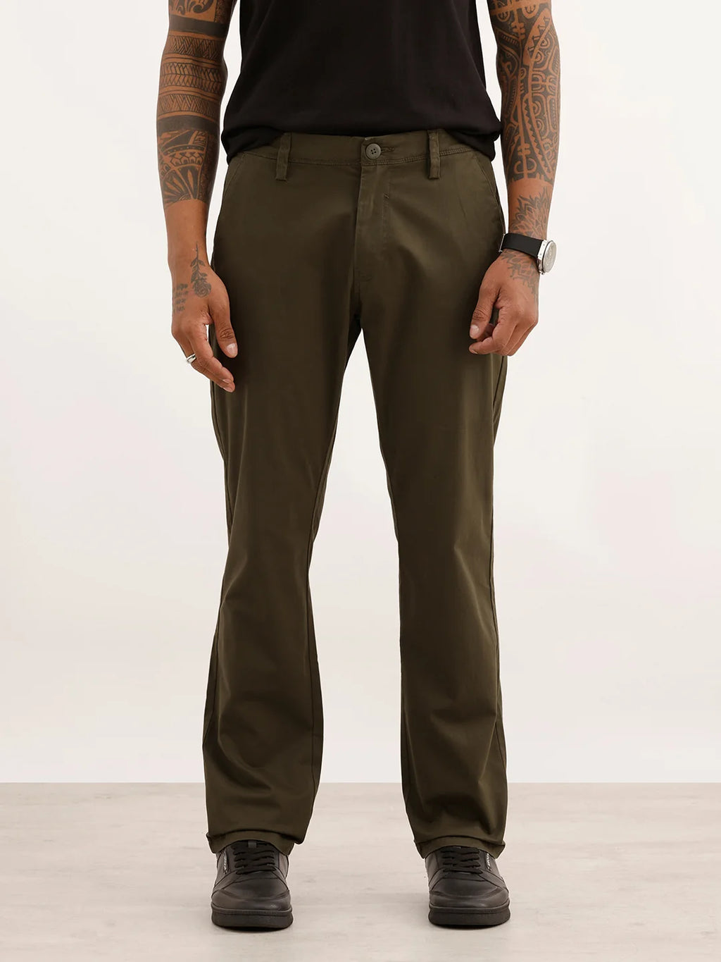 Straight Fit Solid Trouser | Olive