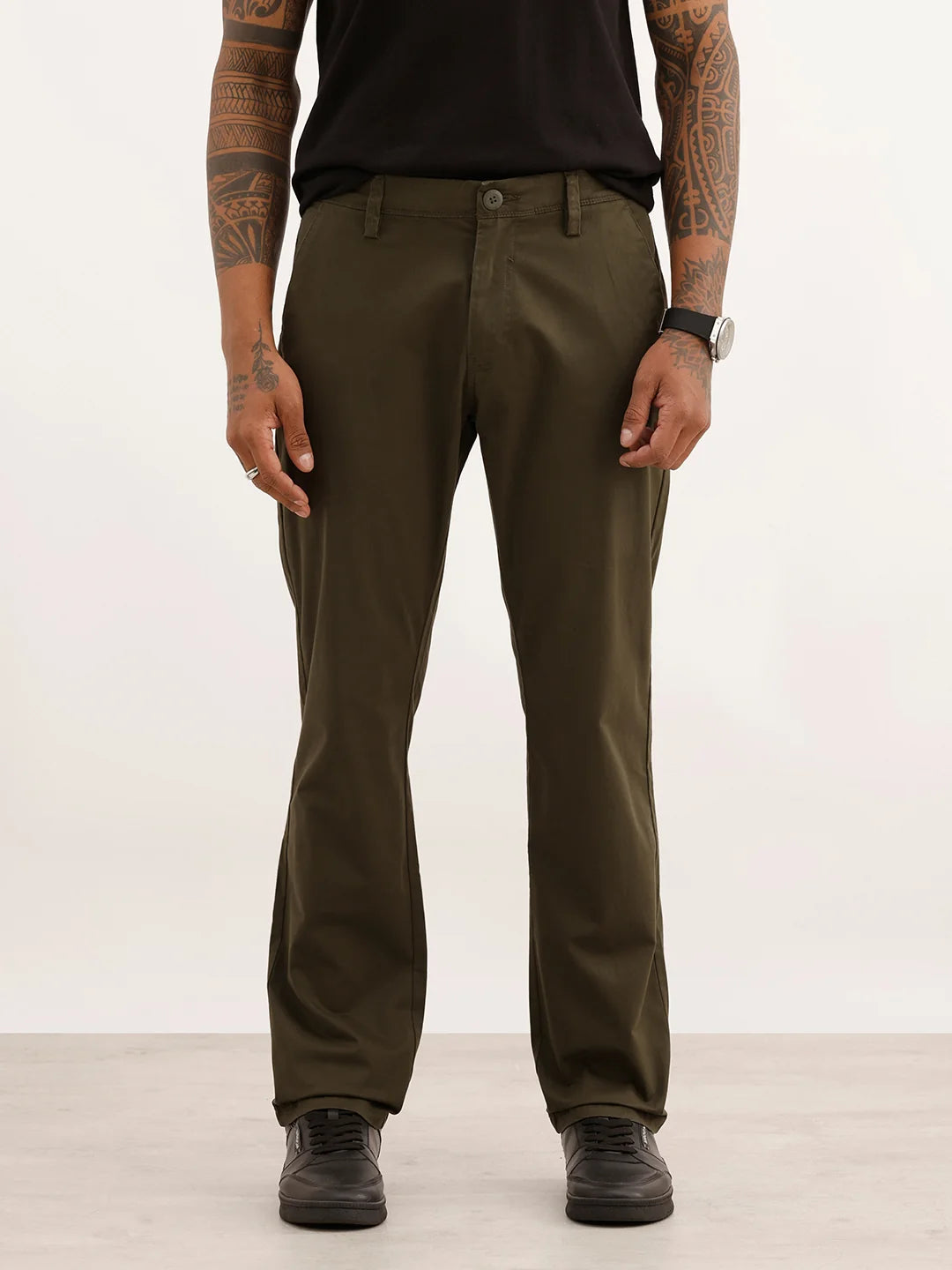 Straight Fit Solid Trouser | Olive