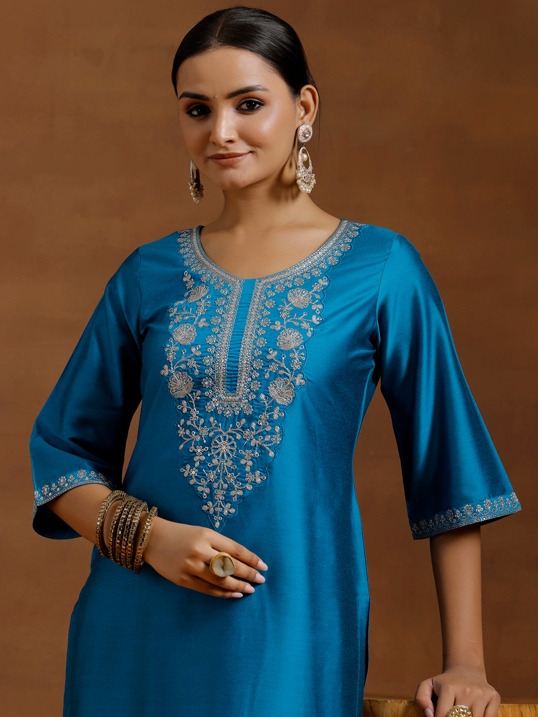 Gerua Blue Embroidered Silk Straight Kurta