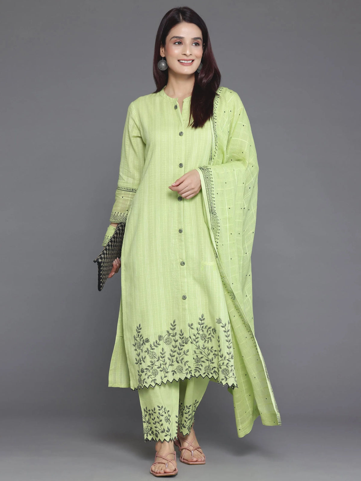 Libas Green Woven Design Cotton Straight Suit With Dupatta