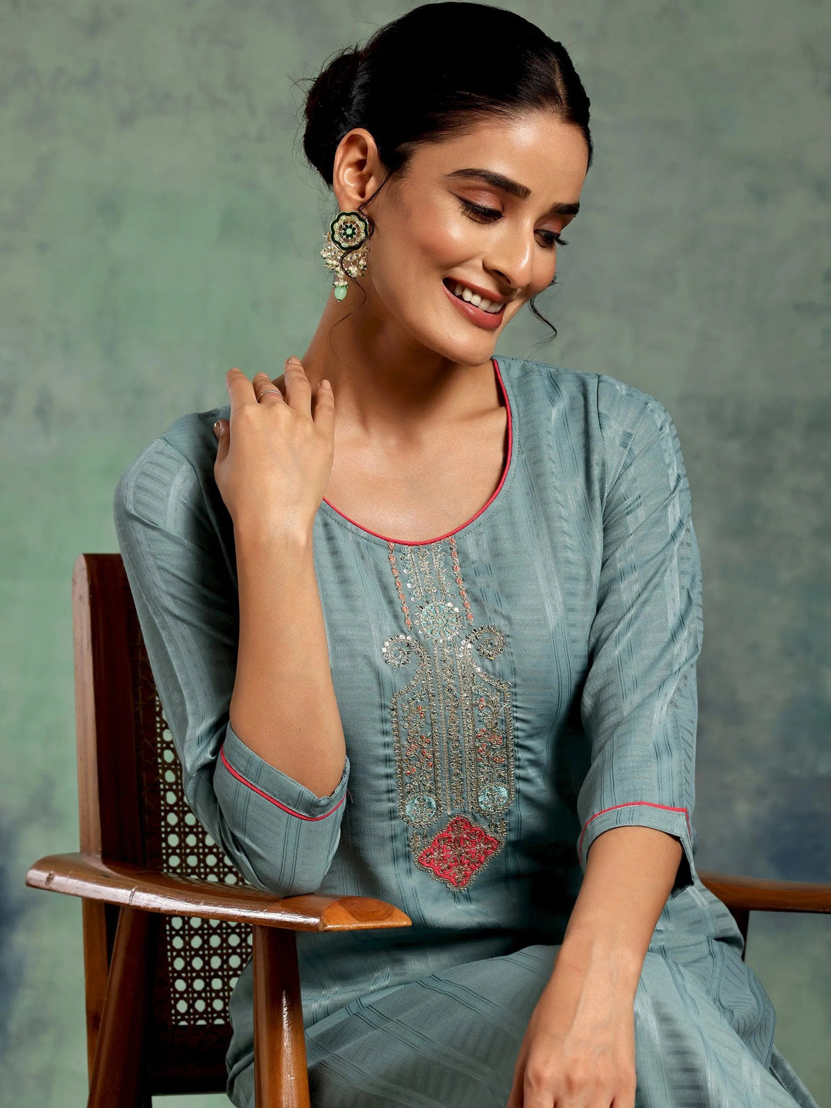 Libas Blue Yoke Design Silk Straight Kurta