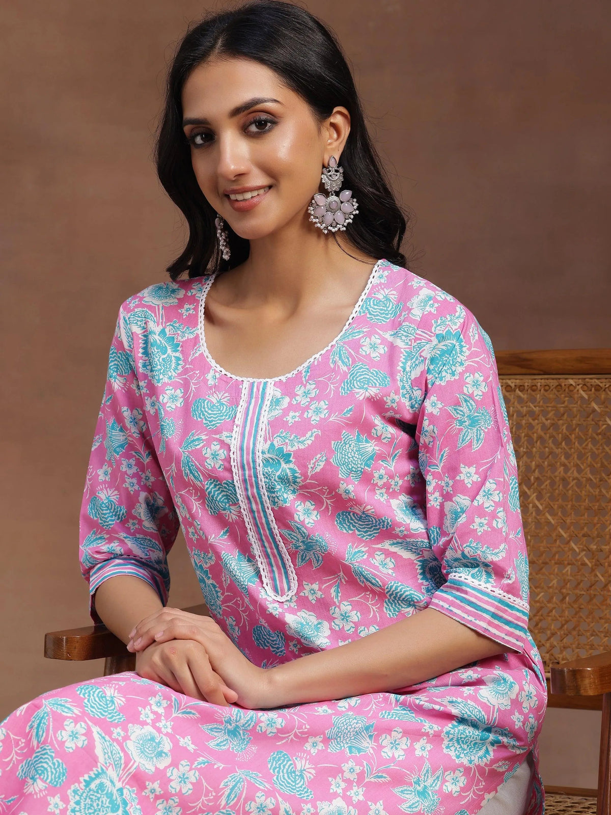 Libas Pink Printed Cotton Straight Kurta