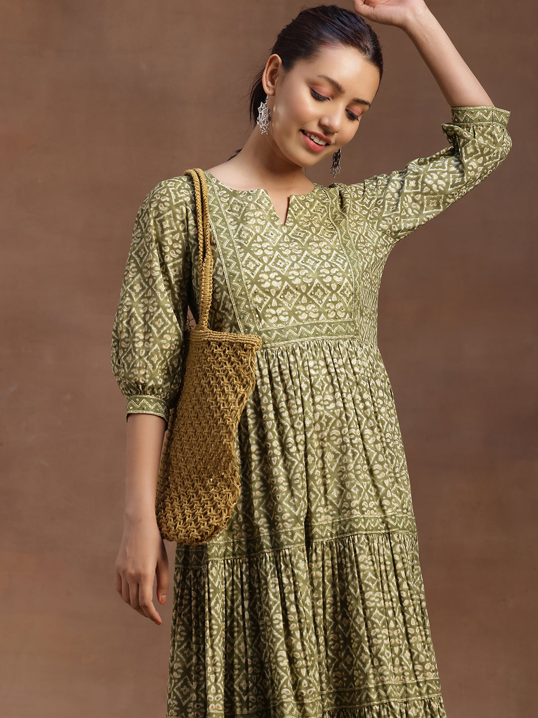 Libas Green Printed Cotton A-Line Dress