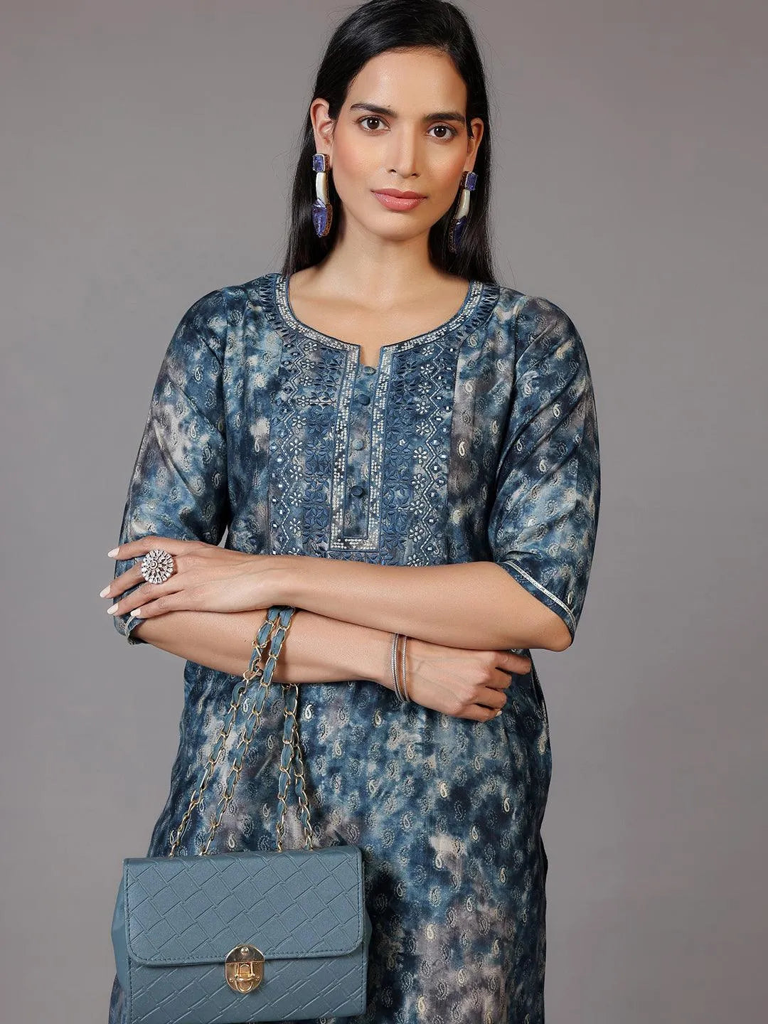Libas Navy Blue Yoke Design Silk Straight Kurta