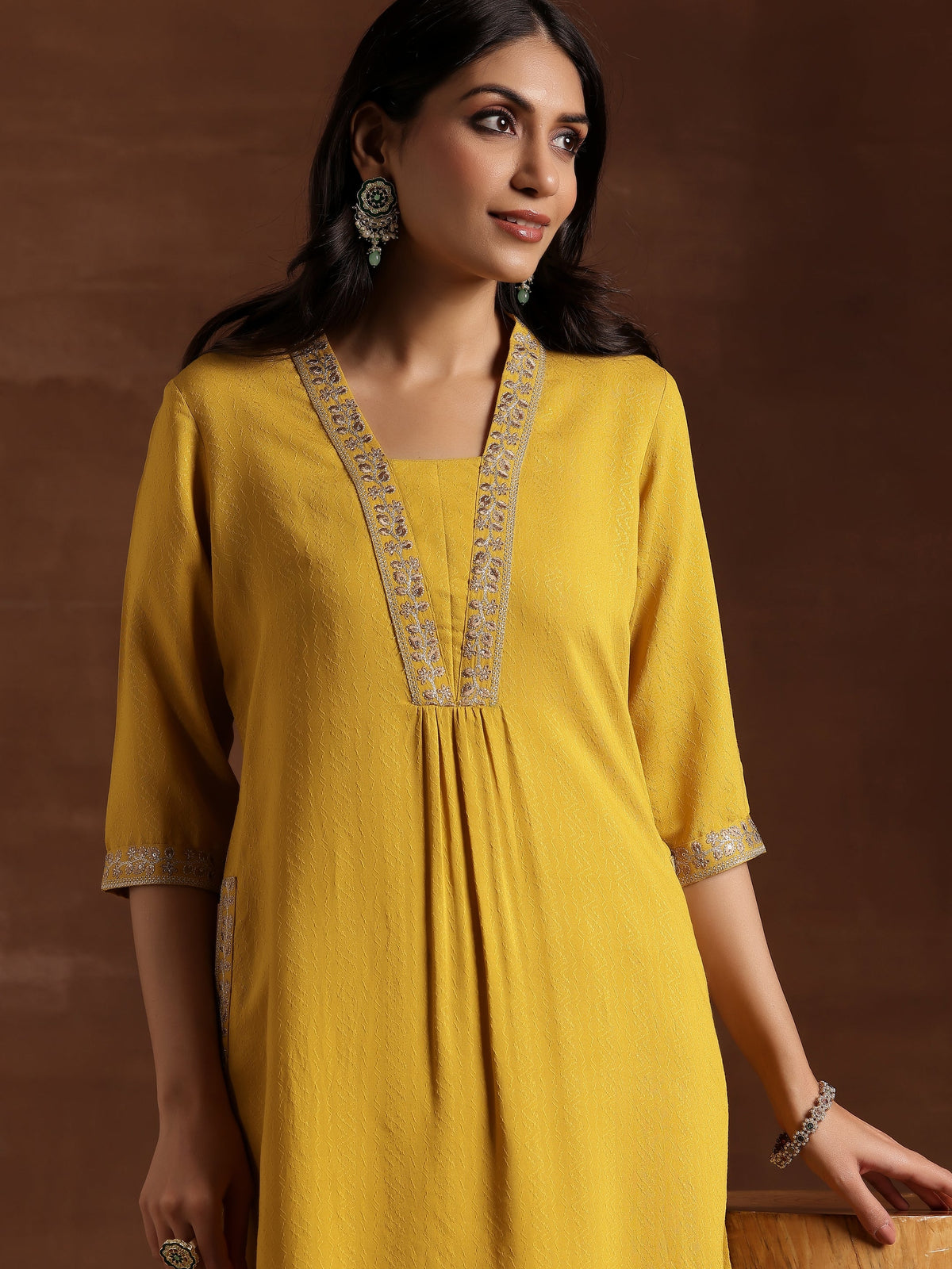 Libas Yellow Yoke Design Silk A-Line Kurta