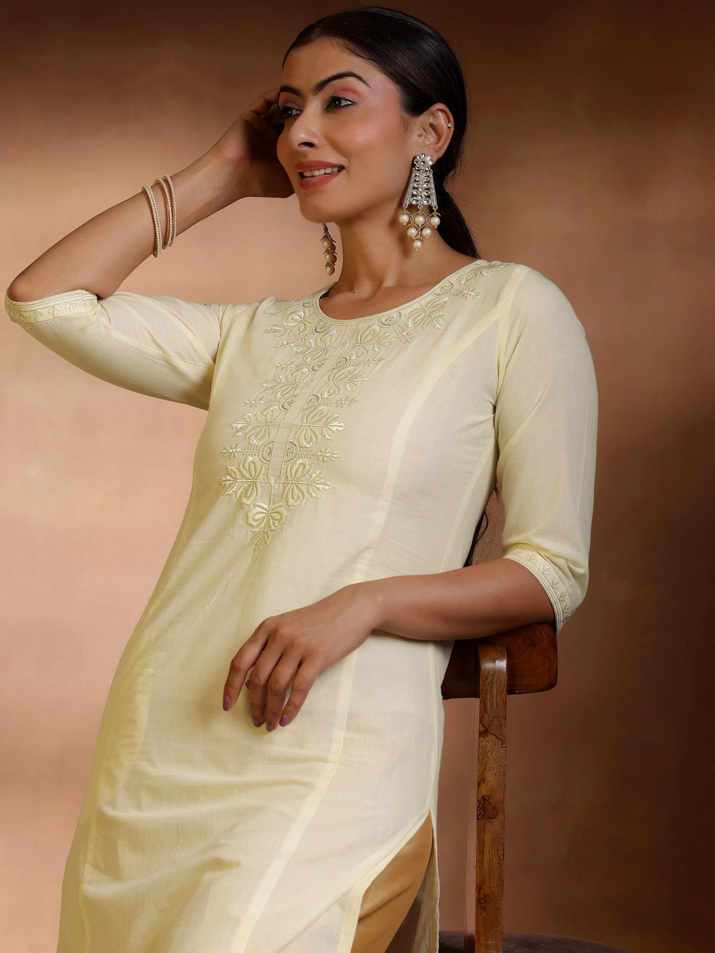 Libas Off White Yoke Design Cotton Straight Kurta