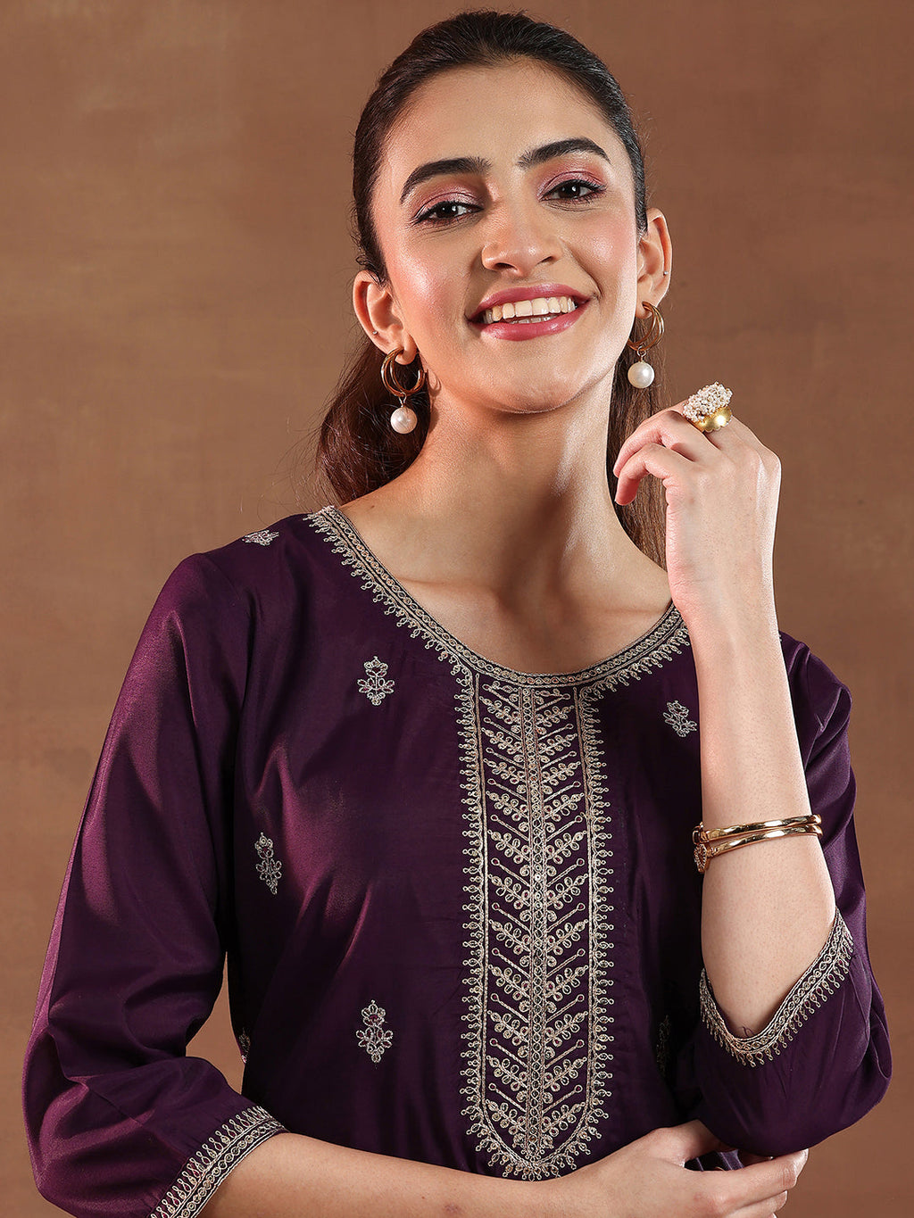 Gerua Wine Embroidered Silk Blend Straight Suit With Dupatta
