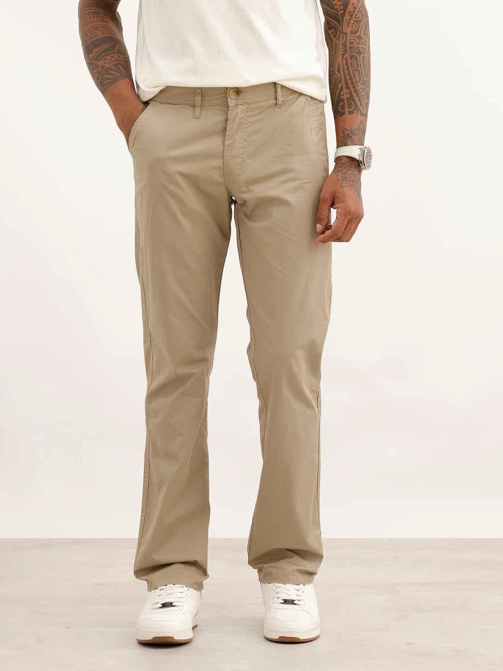 Solid Straight Fit Trouser | Beige