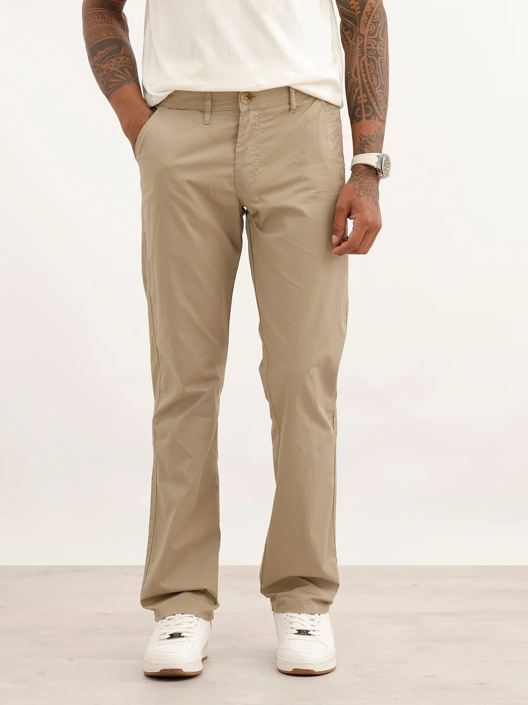 Solid Straight Fit Trouser | Beige