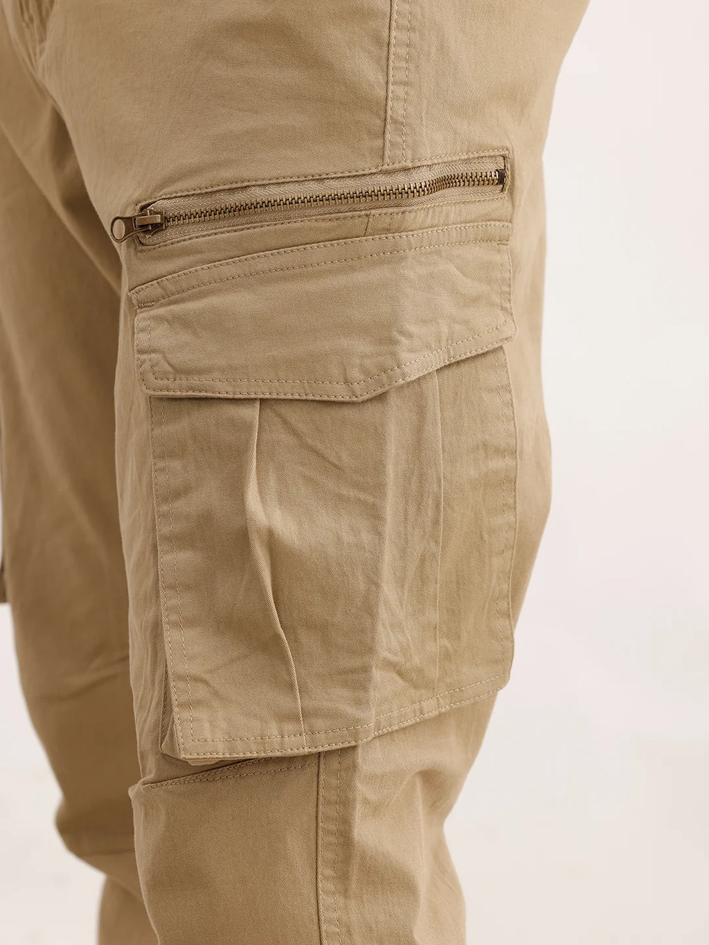 Solid Straight Fit Cargo Trouser | Beige