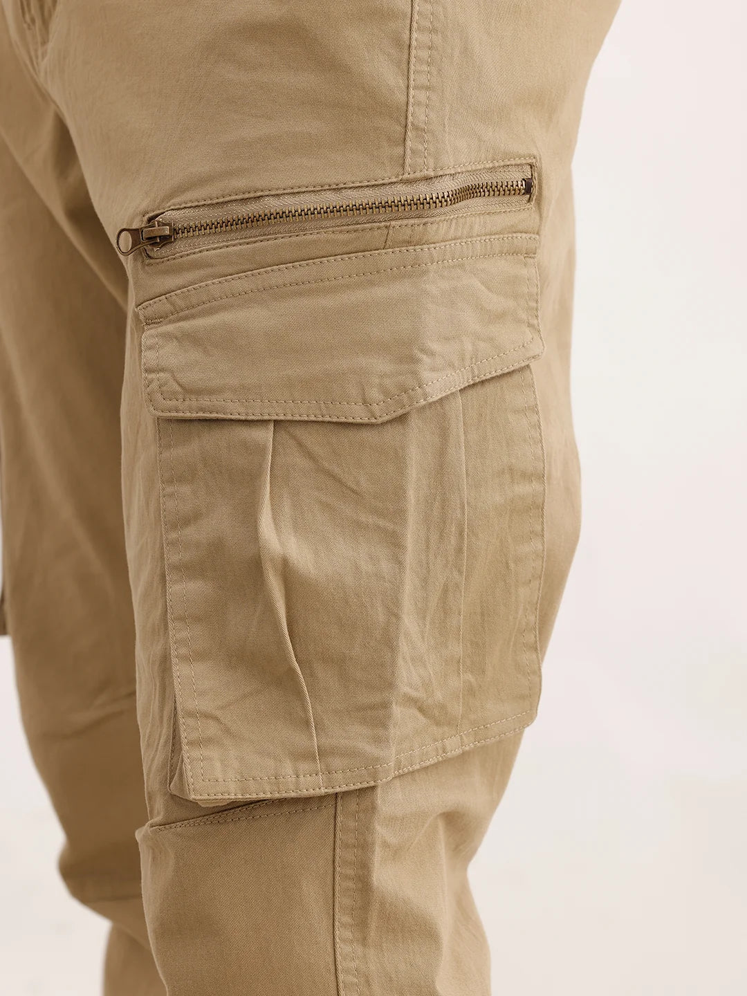 Solid Straight Fit Cargo Trouser | Beige