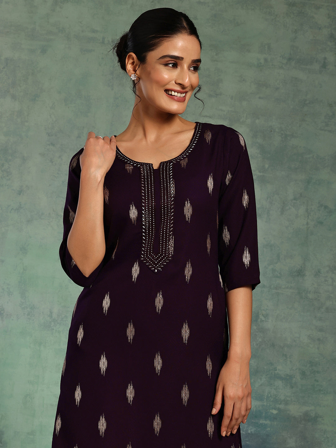 Libas Purple Woven Design Rayon Straight Kurta