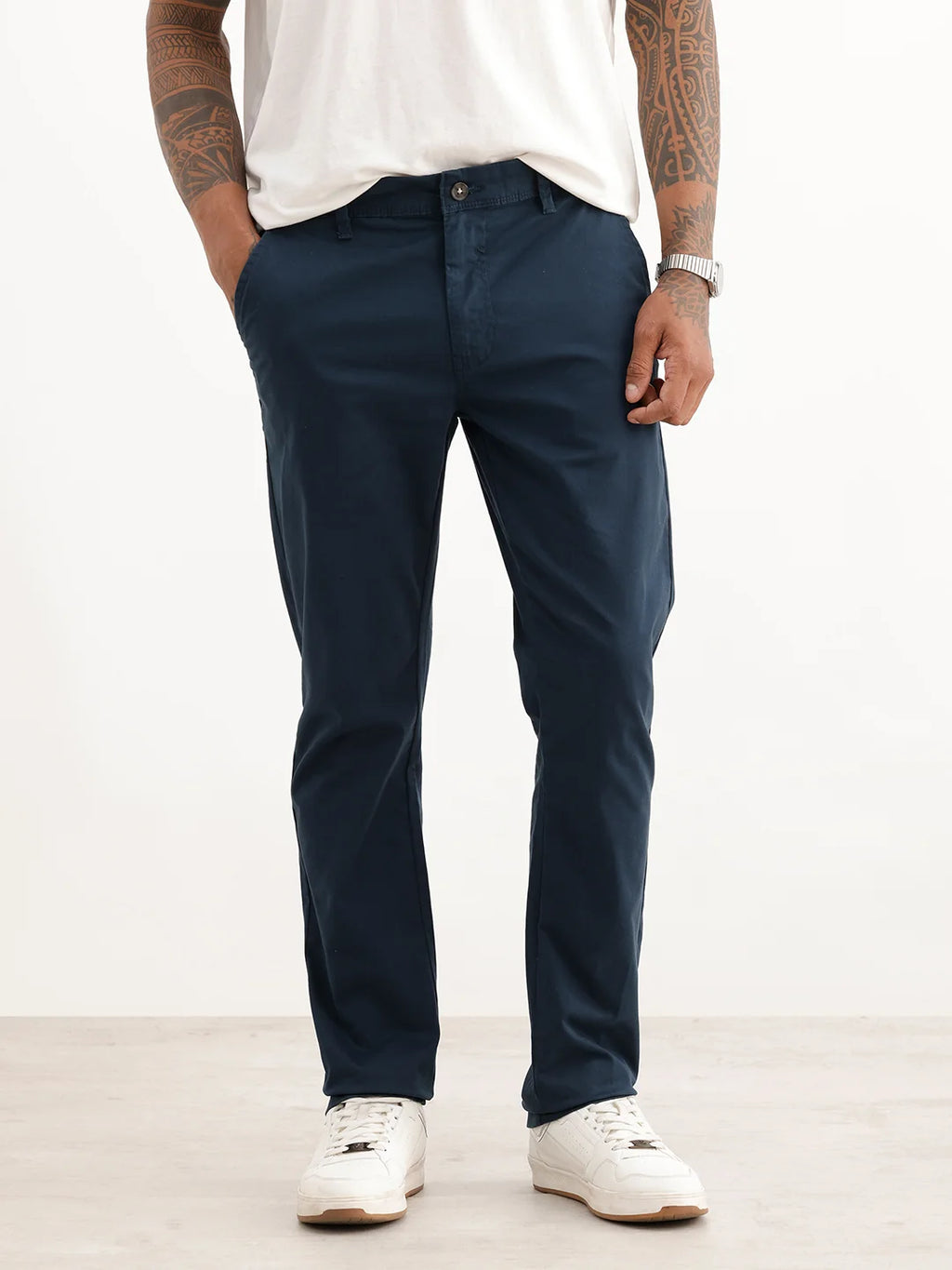 Solid Slim Fit 100% Cotton Trouser | Navy Blue