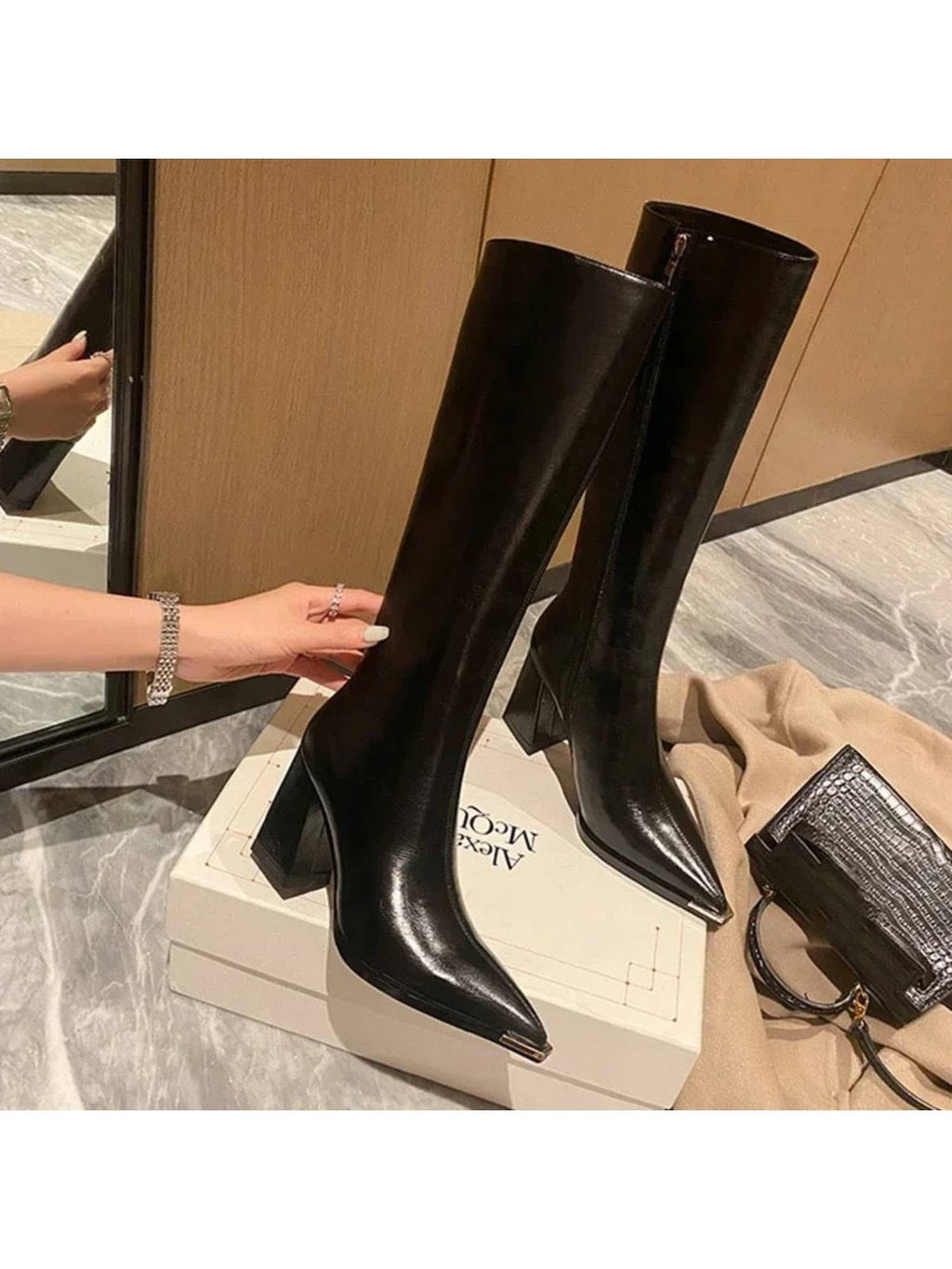 James Knee High Pointed Leather Casual Boots In Black | BT61 - view 2