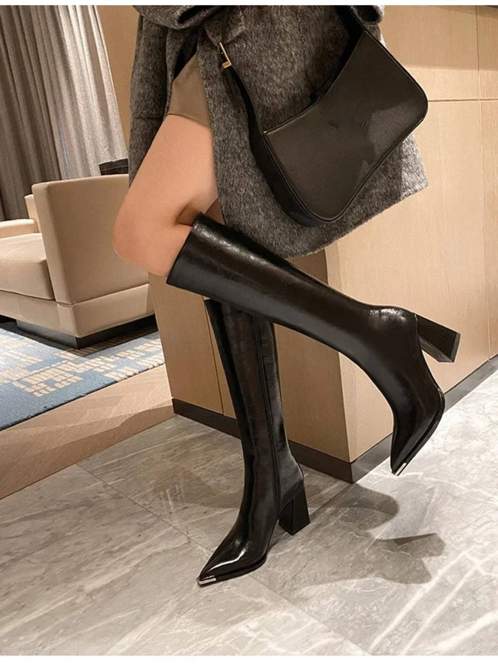 James Knee High Pointed Leather Casual Boots In Black | BT61 - view 3
