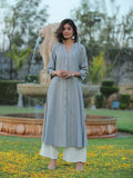 Grey Solid Cotton Dobby A-Line Kurta with Buttons | KDG - view 1