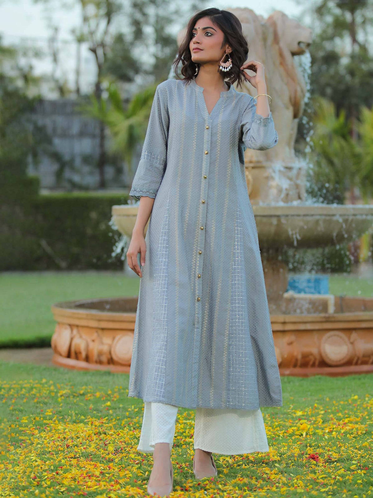 Grey Solid Cotton Dobby A-Line Kurta with Buttons | U3S - view 2