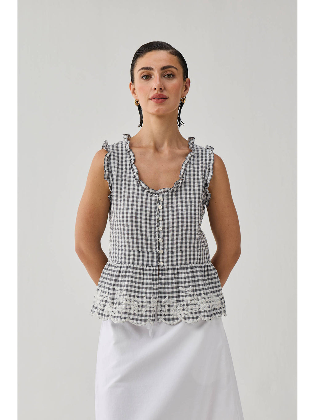 Grey Check Embroidered Peplum Top | pt51 - view 1