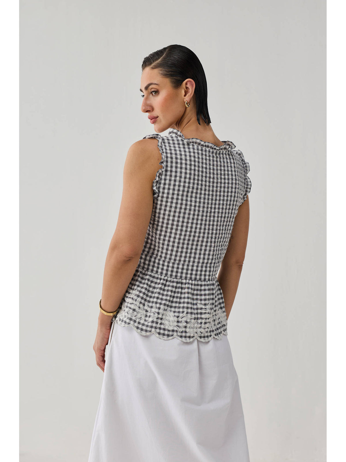 Grey Check Embroidered Peplum Top | pt51 - view 2