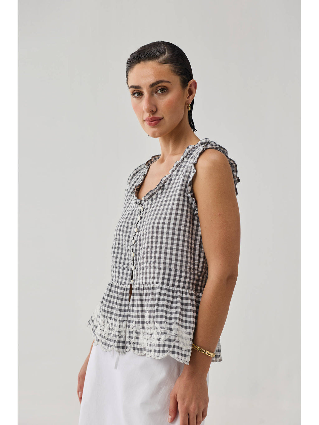 Grey Check Embroidered Peplum Top | pt51 - view 3