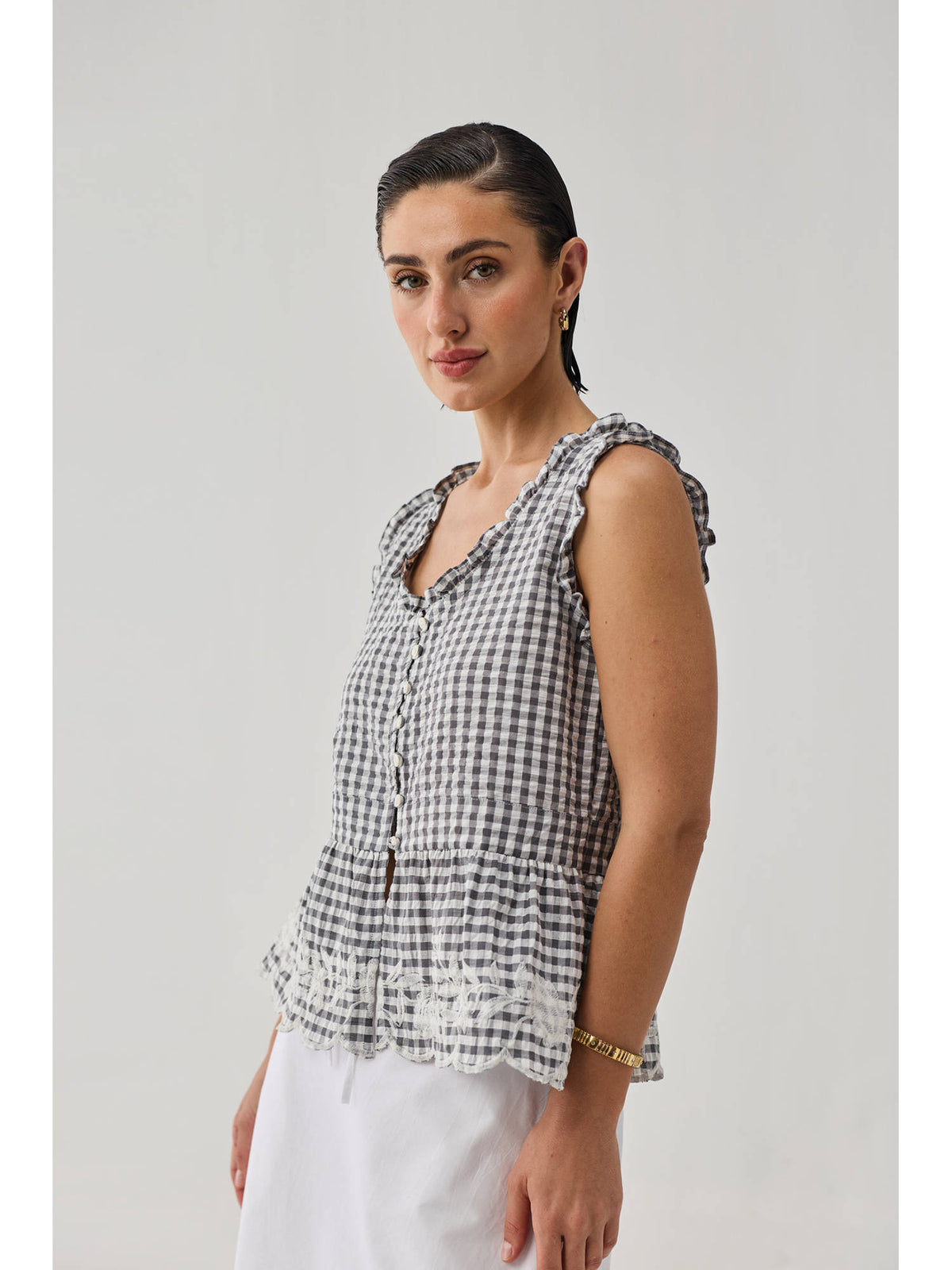 Grey Check Embroidered Peplum Top | pt51 - view 3