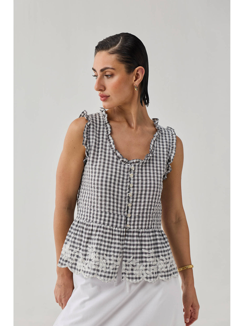 Grey Check Embroidered Peplum Top | pt51 - view 4