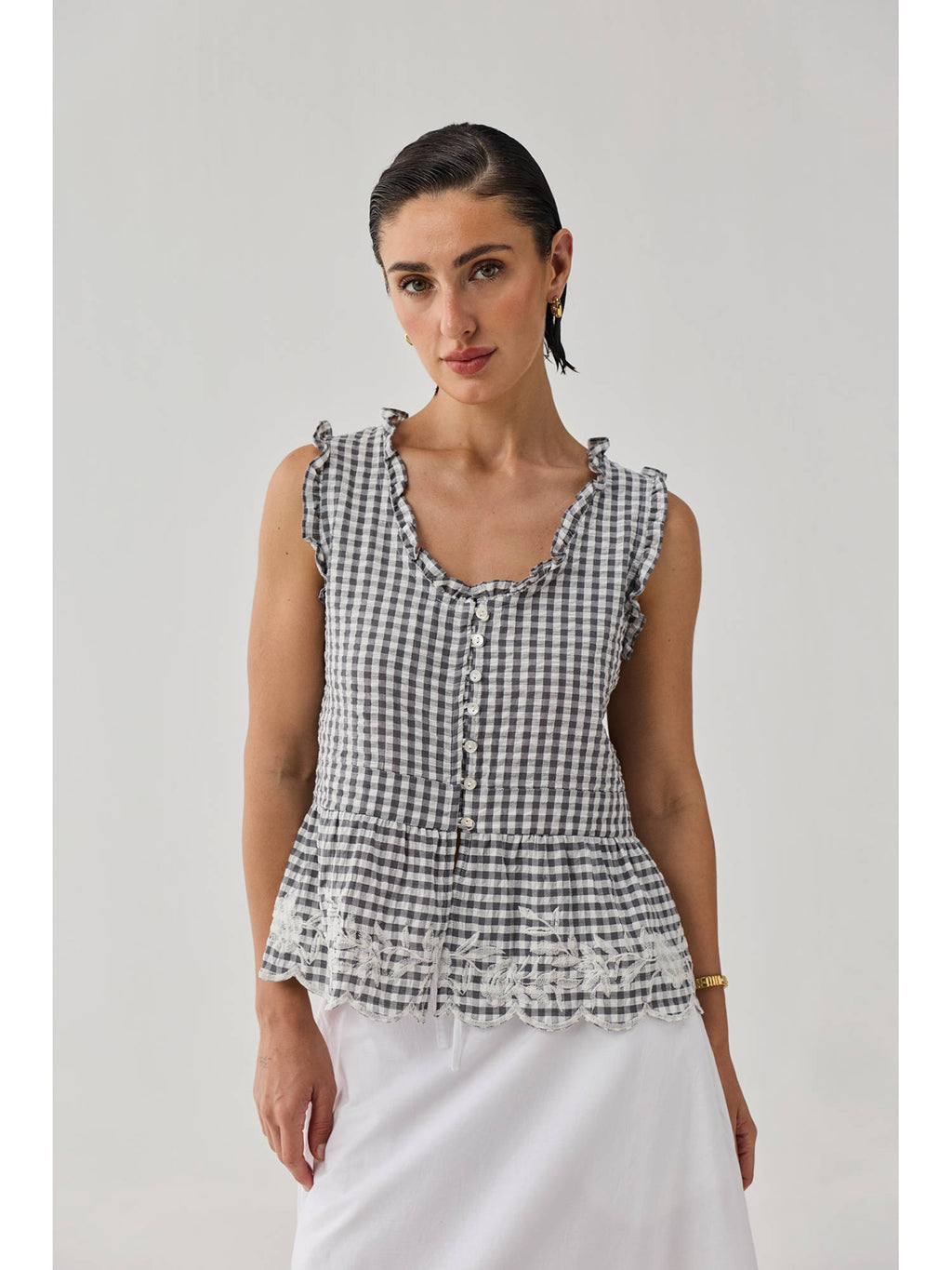 Grey Check Embroidered Peplum Top | pt51 - view 7