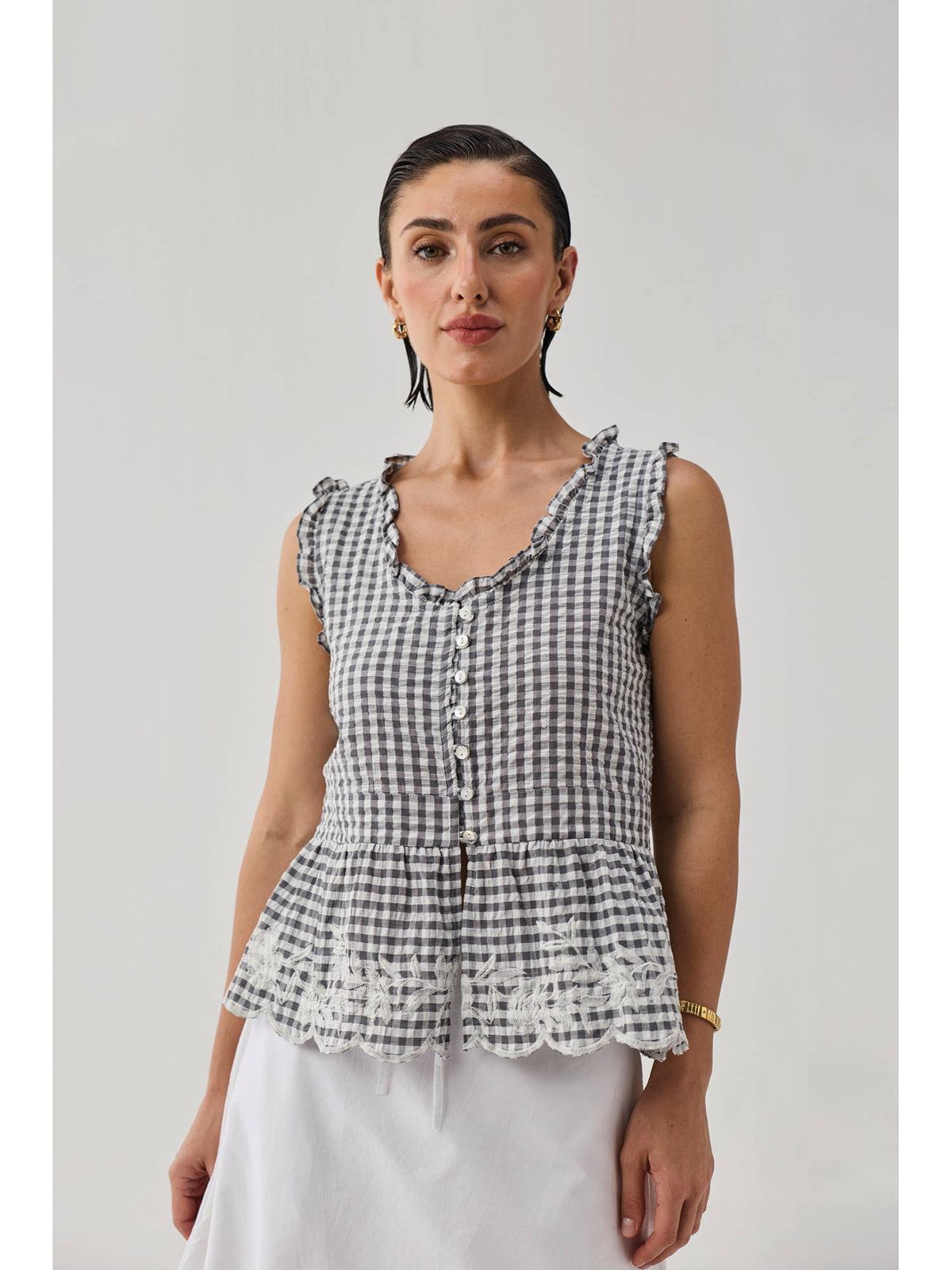 Grey Check Embroidered Peplum Top | pt51 - view 8