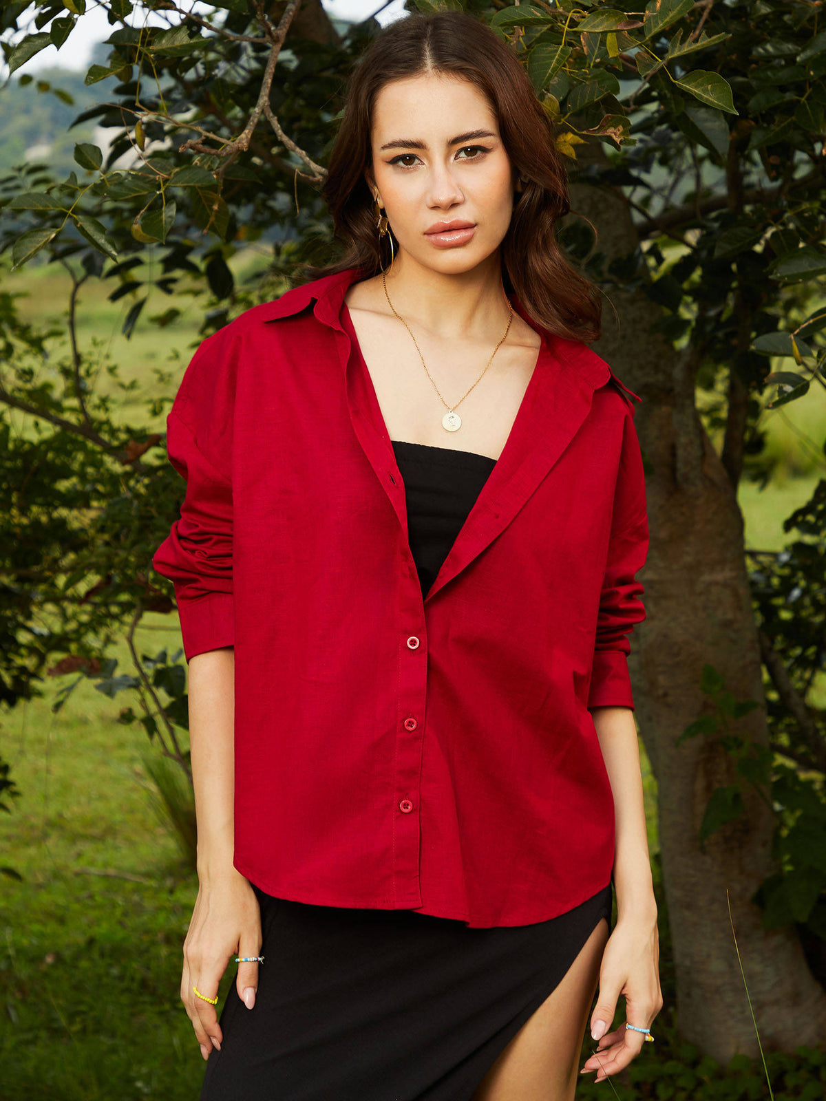 Women Crimson Red Solid Oversized Shirt | S67 - view 1