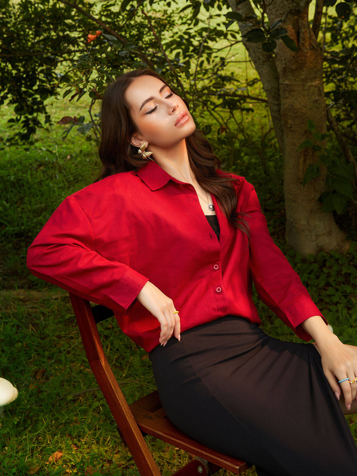 Women Crimson Red Solid Oversized Shirt | S67 - view 2