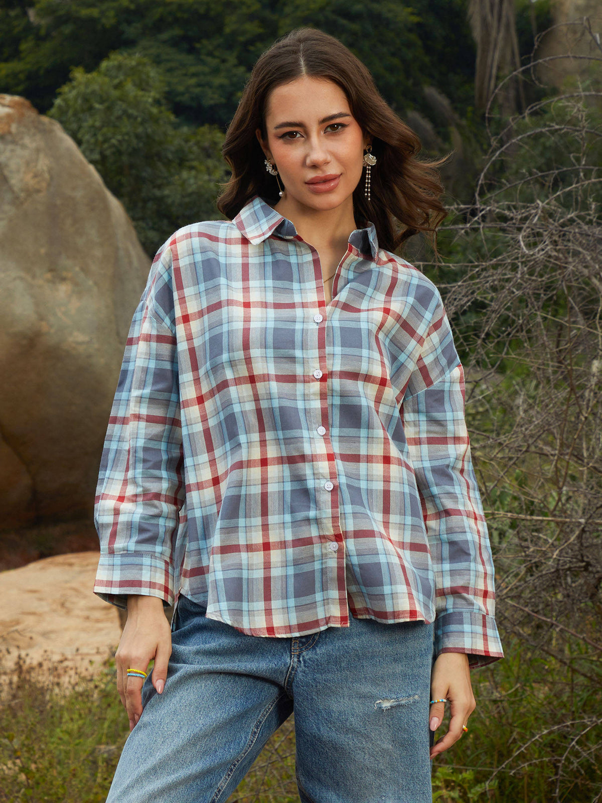 Women Icy Blue and Brick Red Tartan Plaid Oversized Shirt | S67 - view 1