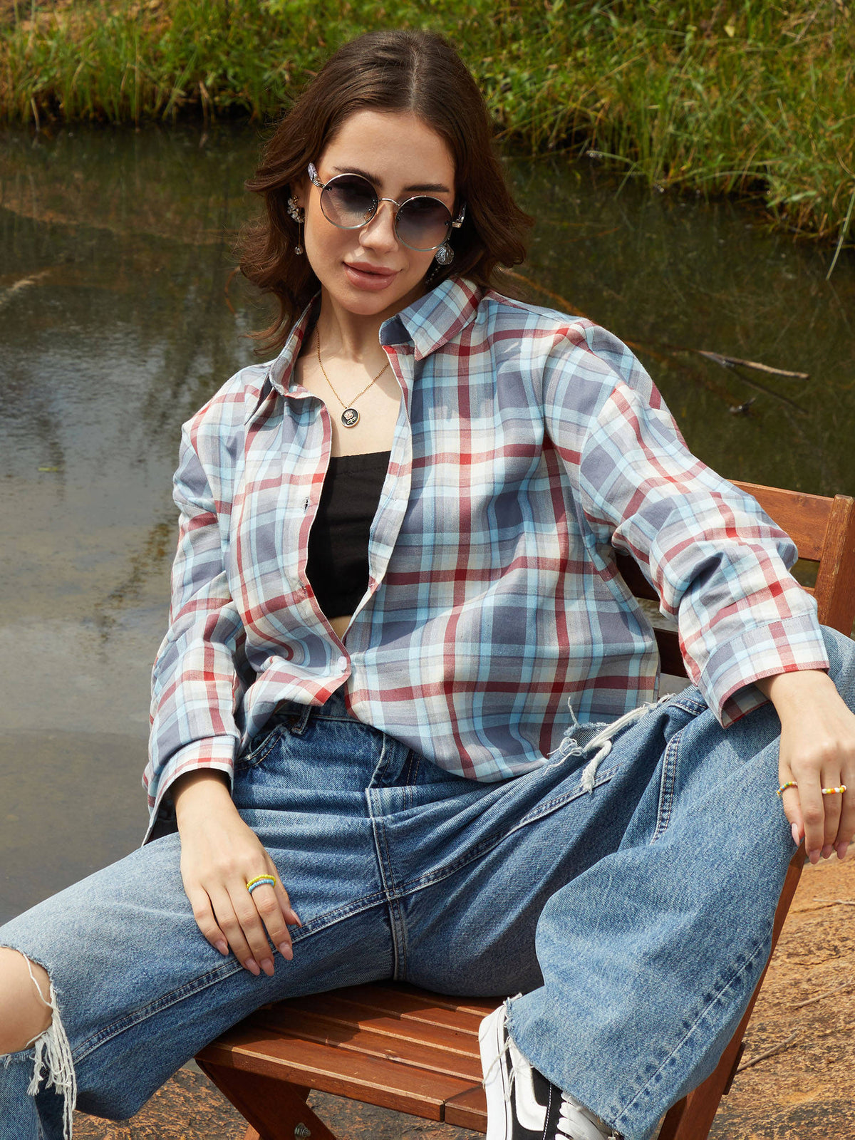Women Icy Blue and Brick Red Tartan Plaid Oversized Shirt | S67 - view 2