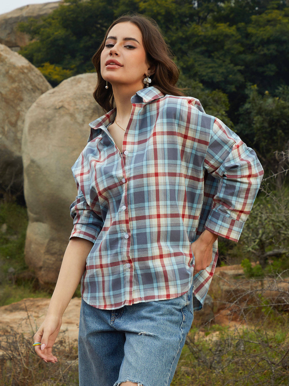 Women Icy Blue and Brick Red Tartan Plaid Oversized Shirt | S67 - view 3