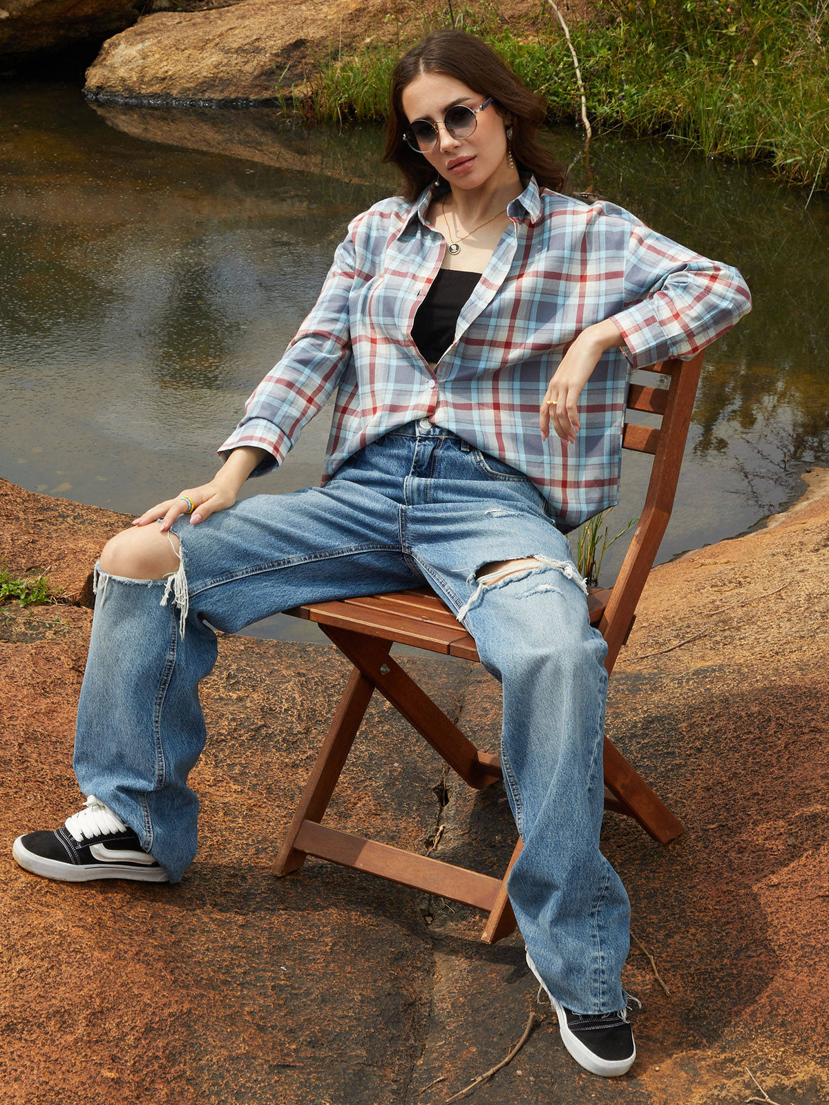 Women Icy Blue and Brick Red Tartan Plaid Oversized Shirt | S67 - view 5