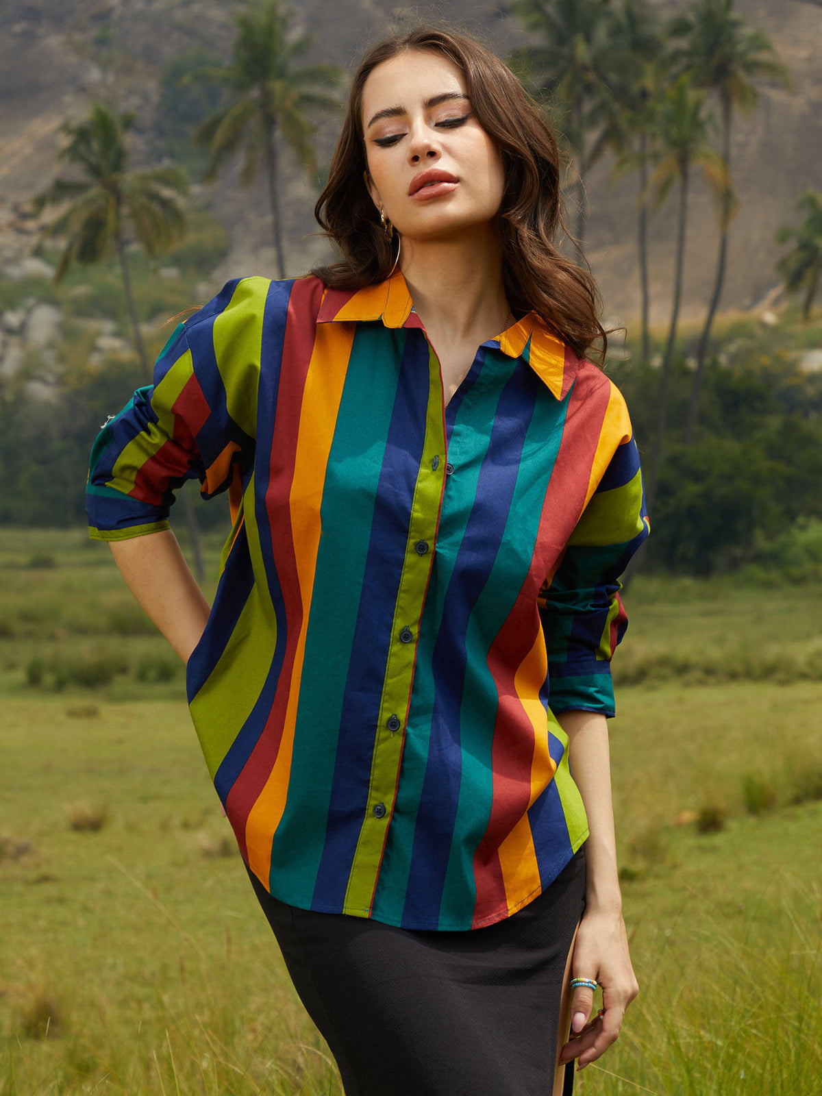 Women Emerald Green and Royal Blue Balanced Striped Oversized Shirt | S67 - view 1