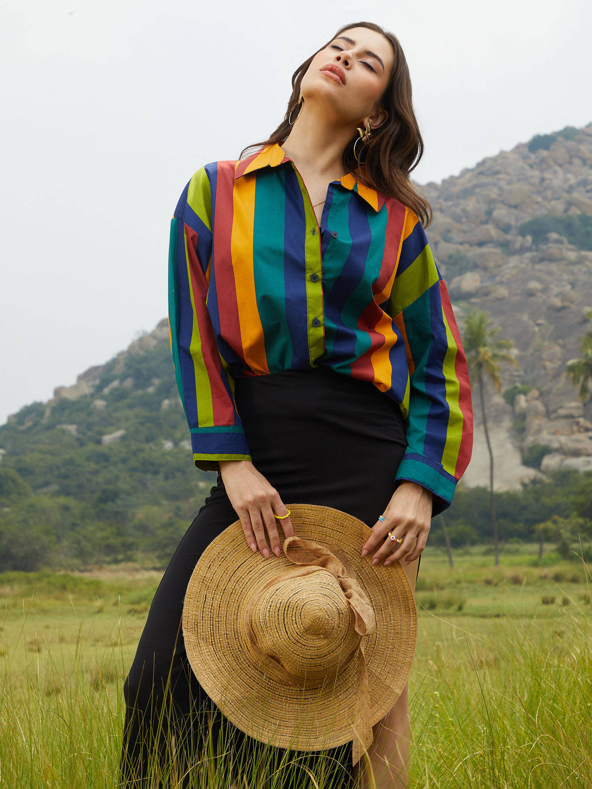Women Emerald Green and Royal Blue Balanced Striped Oversized Shirt | S67 - view 2