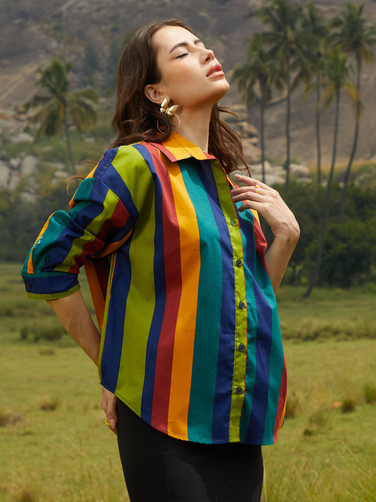 Women Emerald Green and Royal Blue Balanced Striped Oversized Shirt | S67 - view 3
