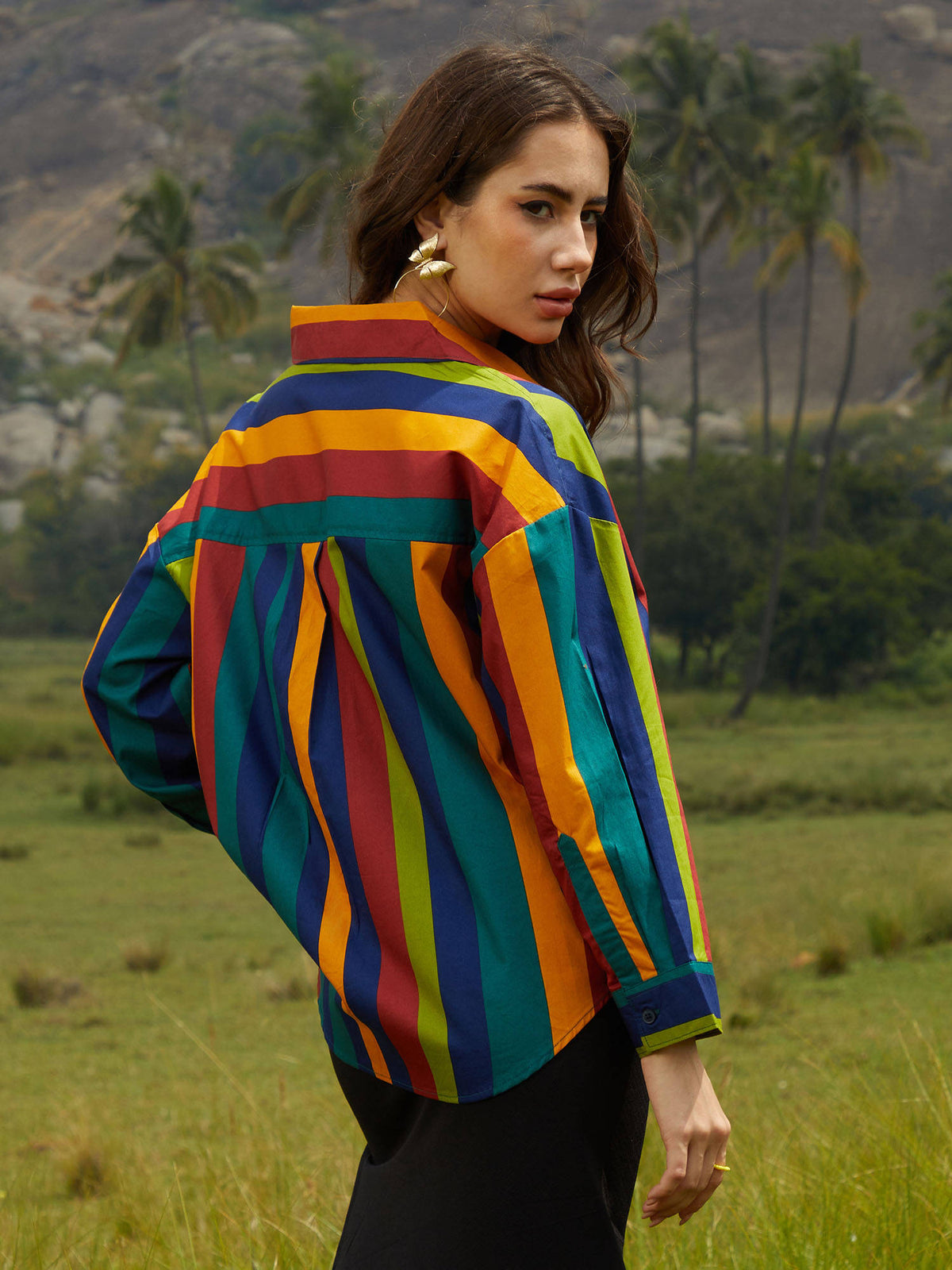Women Emerald Green and Royal Blue Balanced Striped Oversized Shirt | S67 - view 4