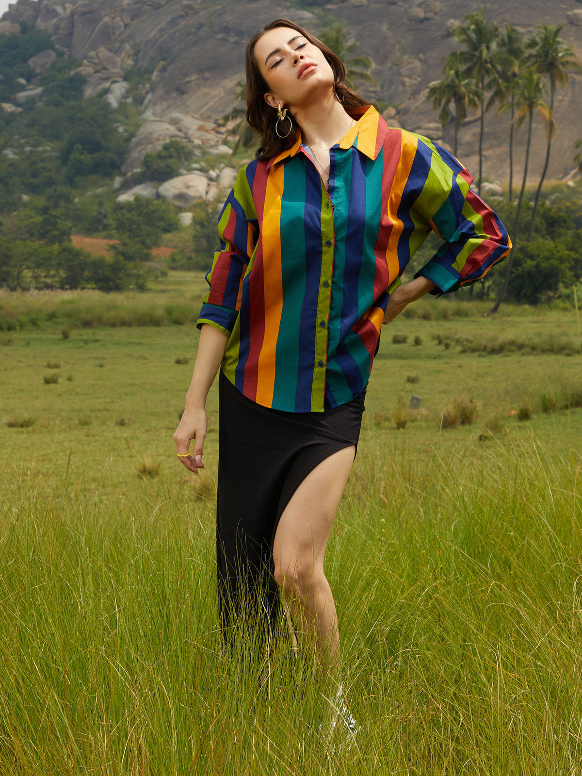 Women Emerald Green and Royal Blue Balanced Striped Oversized Shirt | S67 - view 5