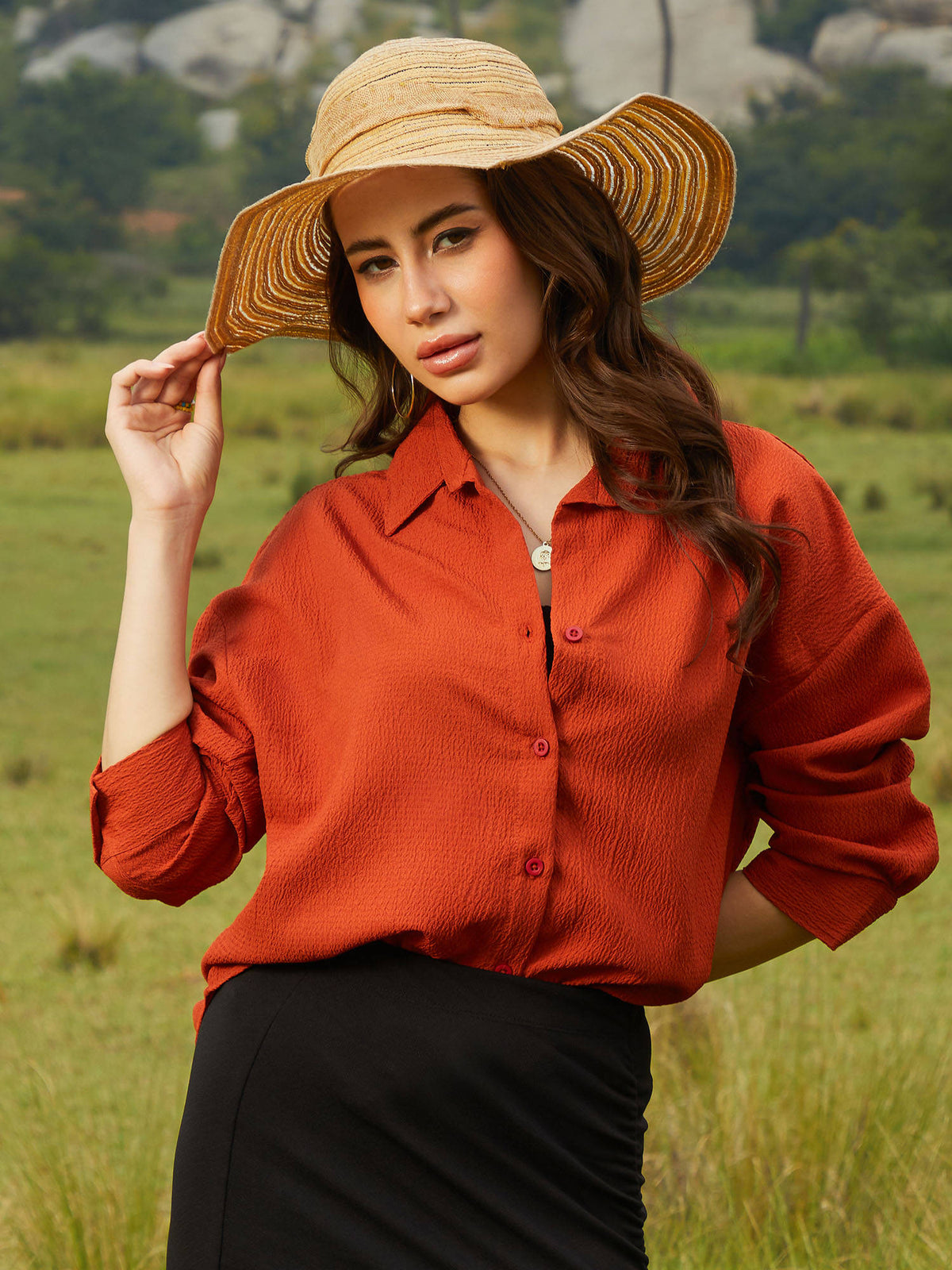 Women Rust Orange Textured Oversized Shirt | S67 - view 2