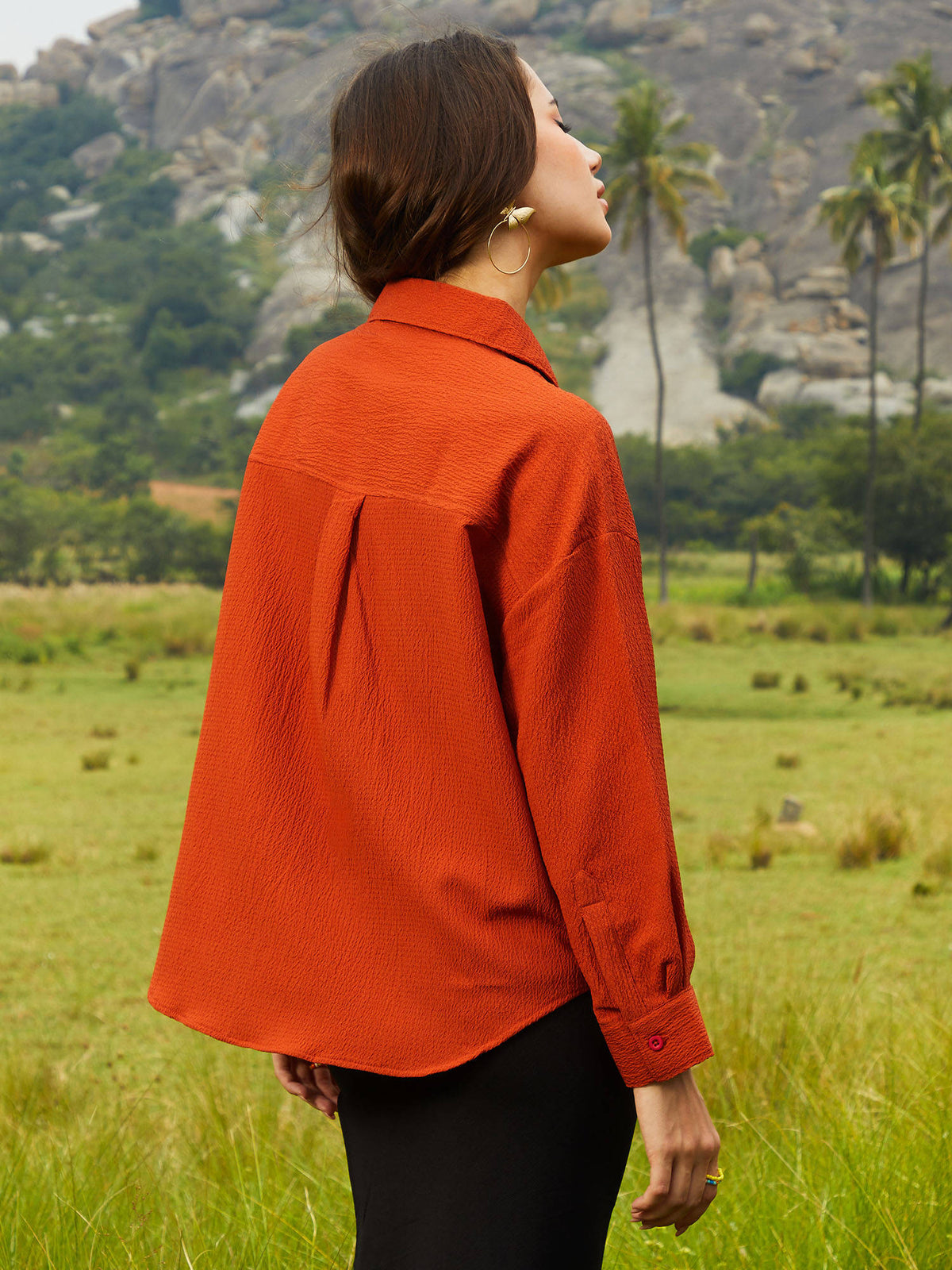 Women Rust Orange Textured Oversized Shirt | S67 - view 4