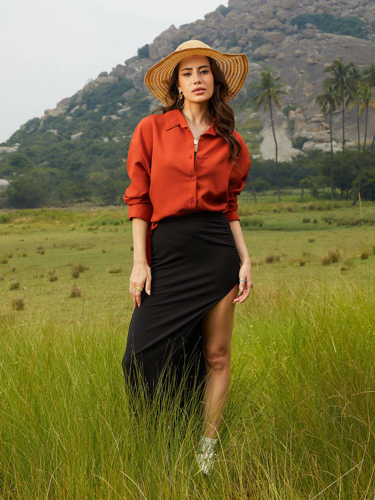 Women Rust Orange Textured Oversized Shirt | S67 - view 5