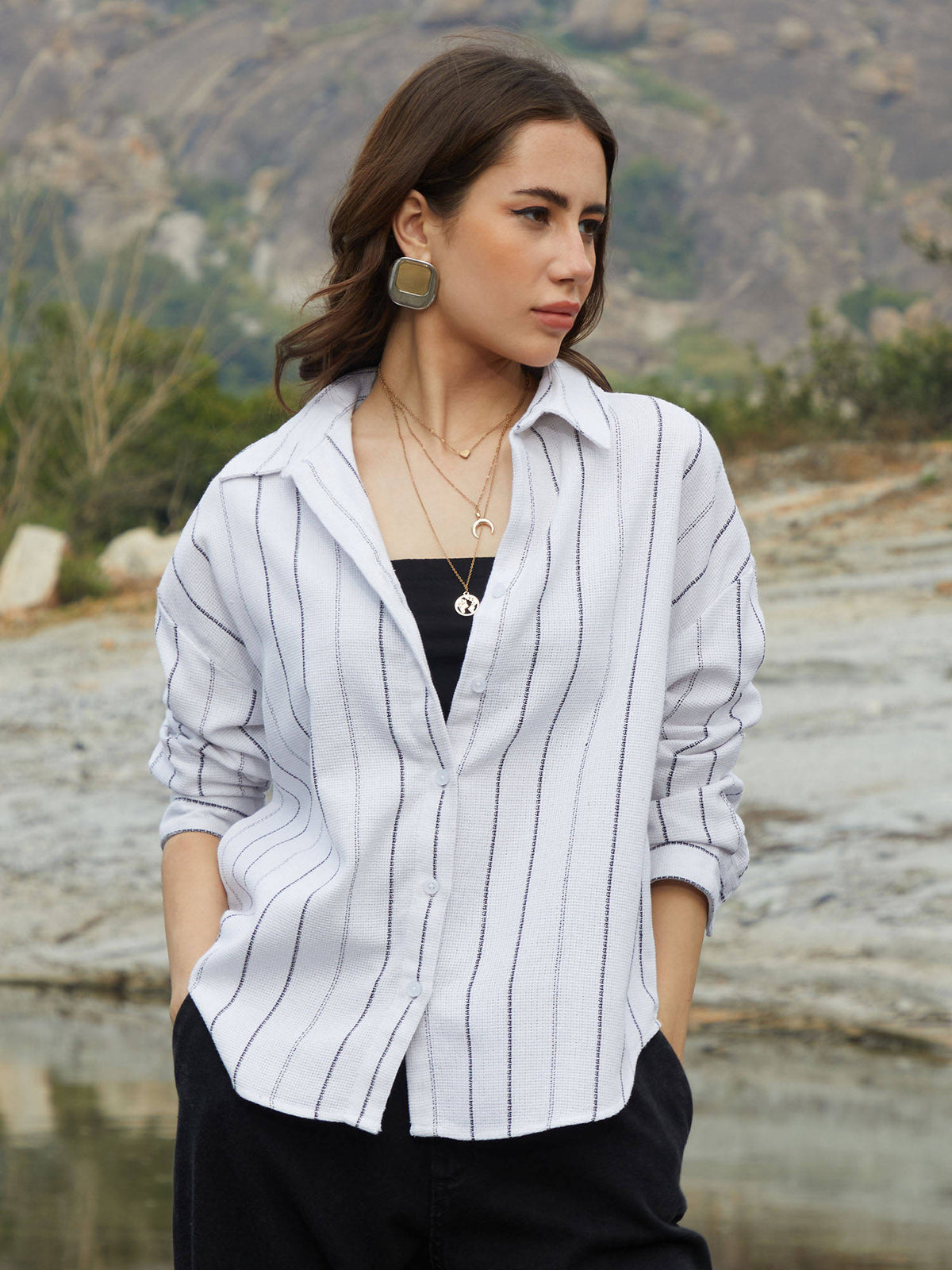 Women Daisy White Woven Stripe Oversized Shirt | S67 - view 1