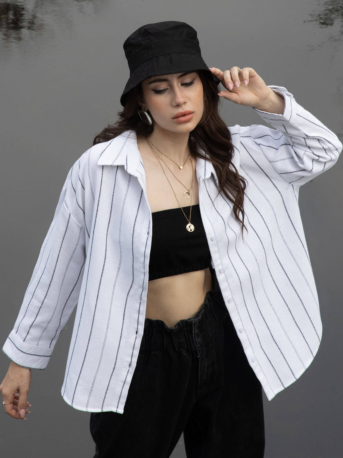 Women Daisy White Woven Stripe Oversized Shirt | S67 - view 2
